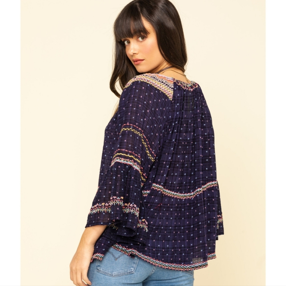 Free People Blue Embroidered Boho Blouse Top Size Small Ruffle 3/4 Sleeves